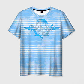 Мужская футболка 3D с принтом ВДВ в Белгороде, 100% полиэфир | прямой крой, круглый вырез горловины, длина до линии бедер | вдв | голубая | никто кроме нас | парашют | полоски | самолеты | тельняшка
