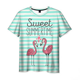 Мужская футболка 3D с принтом Sweet Summer Time в Белгороде, 100% полиэфир | прямой крой, круглый вырез горловины, длина до линии бедер | animal | art | flamingo | love | pink | summer | sweet | time | арт | белый | бирюзовый | жара | животное | лето | любовь | матроска | полоски | рисунок | розовый | роман | сердечки | сердце | серый | фламинго | черный