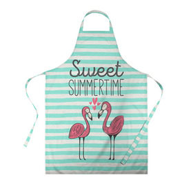 Фартук 3D с принтом Sweet Summer Time в Белгороде, 100% полиэстер | общий размер — 65 х 85 см, ширина нагрудника — 26 см, горловина — 53 см, длина завязок — 54 см, общий обхват в поясе — 173 см. Принт на завязках и на горловине наносится с двух сторон, на основной части фартука — только с внешней стороны | animal | art | flamingo | love | pink | summer | sweet | time | арт | белый | бирюзовый | жара | животное | лето | любовь | матроска | полоски | рисунок | розовый | роман | сердечки | сердце | серый | фламинго | черный