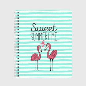 Тетрадь с принтом Sweet Summer Time в Белгороде, 100% бумага | 48 листов, плотность листов — 60 г/м2, плотность картонной обложки — 250 г/м2. Листы скреплены сбоку удобной пружинной спиралью. Уголки страниц и обложки скругленные. Цвет линий — светло-серый
 | animal | art | flamingo | love | pink | summer | sweet | time | арт | белый | бирюзовый | жара | животное | лето | любовь | матроска | полоски | рисунок | розовый | роман | сердечки | сердце | серый | фламинго | черный