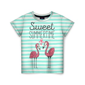 Детская футболка 3D с принтом Sweet Summer Time в Белгороде, 100% гипоаллергенный полиэфир | прямой крой, круглый вырез горловины, длина до линии бедер, чуть спущенное плечо, ткань немного тянется | animal | art | flamingo | love | pink | summer | sweet | time | арт | белый | бирюзовый | жара | животное | лето | любовь | матроска | полоски | рисунок | розовый | роман | сердечки | сердце | серый | фламинго | черный