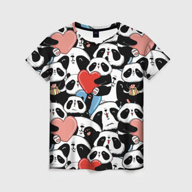 Женская футболка 3D с принтом Пандяшки в Белгороде, 100% полиэфир ( синтетическое хлопкоподобное полотно) | прямой крой, круглый вырез горловины, длина до линии бедер | baby | cute | fun | gift | happy | heart | panda | paw | smile | белый | красный | лапа | малыш | милый | мягкий | нежный | няшный | панда | подарок | радость | розовый | сердце | счастье | сюрприз | улыбка | черный