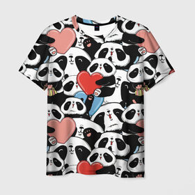 Мужская футболка 3D с принтом Пандяшки в Белгороде, 100% полиэфир | прямой крой, круглый вырез горловины, длина до линии бедер | baby | cute | fun | gift | happy | heart | panda | paw | smile | белый | красный | лапа | малыш | милый | мягкий | нежный | няшный | панда | подарок | радость | розовый | сердце | счастье | сюрприз | улыбка | черный