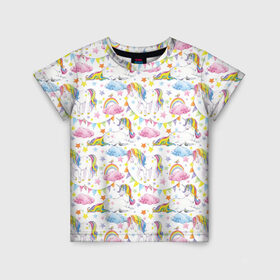 Детская футболка 3D с принтом Акварельные Единороги в Белгороде, 100% гипоаллергенный полиэфир | прямой крой, круглый вырез горловины, длина до линии бедер, чуть спущенное плечо, ткань немного тянется | unicorn | единорог | единорожка | мимими | радуга