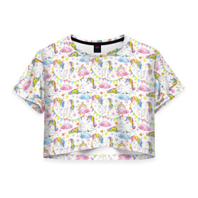Женская футболка 3D укороченная с принтом Акварельные Единороги в Белгороде, 100% полиэстер | круглая горловина, длина футболки до линии талии, рукава с отворотами | Тематика изображения на принте: unicorn | единорог | единорожка | мимими | радуга