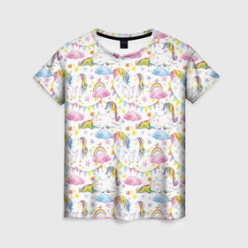 Женская футболка 3D с принтом Акварельные Единороги в Белгороде, 100% полиэфир ( синтетическое хлопкоподобное полотно) | прямой крой, круглый вырез горловины, длина до линии бедер | unicorn | единорог | единорожка | мимими | радуга
