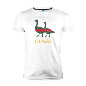 Мужская футболка премиум с принтом Gussi GG в Белгороде, 92% хлопок, 8% лайкра | приталенный силуэт, круглый вырез ворота, длина до линии бедра, короткий рукав | gucci | gussi | гуси | гучи