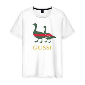 Мужская футболка хлопок с принтом Gussi GG в Белгороде, 100% хлопок | прямой крой, круглый вырез горловины, длина до линии бедер, слегка спущенное плечо. | gucci | gussi | гуси | гучи