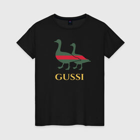 Женская футболка хлопок с принтом Gussi GG в Белгороде, 100% хлопок | прямой крой, круглый вырез горловины, длина до линии бедер, слегка спущенное плечо | gucci | gussi | гуси | гучи