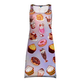 Платье-майка 3D с принтом Очень Сладкий Паттерн в Белгороде, 100% полиэстер | полуприлегающий силуэт, широкие бретели, круглый вырез горловины, удлиненный подол сзади. | блины | вкусняшка | еда | кекс | клубника | коктейль | мороженое | панкейк | пончик | сладости