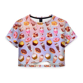 Женская футболка 3D укороченная с принтом Очень Сладкий Паттерн в Белгороде, 100% полиэстер | круглая горловина, длина футболки до линии талии, рукава с отворотами | блины | вкусняшка | еда | кекс | клубника | коктейль | мороженое | панкейк | пончик | сладости