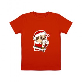 Детская футболка хлопок с принтом Puglie Pug Новогодний в Белгороде, 100% хлопок | круглый вырез горловины, полуприлегающий силуэт, длина до линии бедер | 2019 | kawaii | злюка | каваи | мопс | новый год | пес | пончик | собака