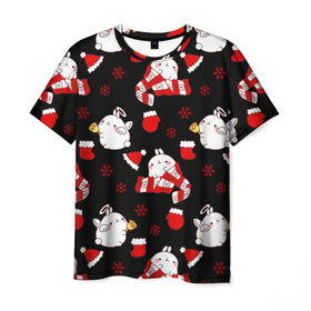 Мужская футболка 3D с принтом Molang Новогодний Паттерн в Белгороде, 100% полиэфир | прямой крой, круглый вырез горловины, длина до линии бедер | Тематика изображения на принте: kawaii | аниме | зайчик | зая | каваи | кролик | мимими | моланг | нг | новый год | рождество | снежинка
