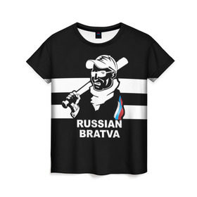 Женская футболка 3D с принтом RUSSIAN BRATVA в Белгороде, 100% полиэфир ( синтетическое хлопкоподобное полотно) | прямой крой, круглый вырез горловины, длина до линии бедер | Тематика изображения на принте: mafia | russian | бандит | герб | мафия | россия | флаг