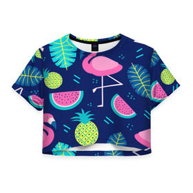Женская футболка 3D укороченная с принтом Фламинго в Белгороде, 100% полиэстер | круглая горловина, длина футболки до линии талии, рукава с отворотами | flamingo | ананас | арбуз | летние | летняя | лето | листья | текстура | фламинго | фрукты
