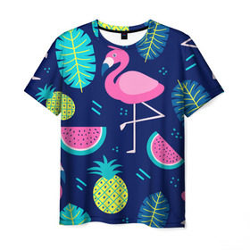 Мужская футболка 3D с принтом Фламинго в Белгороде, 100% полиэфир | прямой крой, круглый вырез горловины, длина до линии бедер | Тематика изображения на принте: flamingo | ананас | арбуз | летние | летняя | лето | листья | текстура | фламинго | фрукты