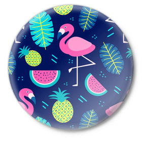 Значок с принтом Фламинго в Белгороде,  металл | круглая форма, металлическая застежка в виде булавки | flamingo | ананас | арбуз | летние | летняя | лето | листья | текстура | фламинго | фрукты