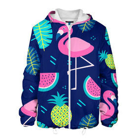 Мужская куртка 3D с принтом Фламинго в Белгороде, ткань верха — 100% полиэстер, подклад — флис | прямой крой, подол и капюшон оформлены резинкой с фиксаторами, два кармана без застежек по бокам, один большой потайной карман на груди. Карман на груди застегивается на липучку | flamingo | ананас | арбуз | летние | летняя | лето | листья | текстура | фламинго | фрукты