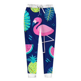 Женские брюки 3D с принтом Фламинго в Белгороде, полиэстер 100% | прямой крой, два кармана без застежек по бокам, с мягкой трикотажной резинкой на поясе и по низу штанин. В поясе для дополнительного комфорта — широкие завязки | flamingo | ананас | арбуз | летние | летняя | лето | листья | текстура | фламинго | фрукты