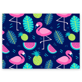 Поздравительная открытка с принтом Фламинго в Белгороде, 100% бумага | плотность бумаги 280 г/м2, матовая, на обратной стороне линовка и место для марки
 | flamingo | ананас | арбуз | летние | летняя | лето | листья | текстура | фламинго | фрукты