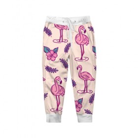 Детские брюки 3D с принтом Фламинго в Белгороде, 100% полиэстер | манжеты по низу, эластичный пояс регулируется шнурком, по бокам два кармана без застежек, внутренняя часть кармана из мелкой сетки | Тематика изображения на принте: 