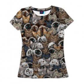 Женская футболка 3D с принтом Коты разных пород в Белгороде, 100% полиэфир ( синтетическое хлопкоподобное полотно) | прямой крой, круглый вырез горловины, длина до линии бедер | бенгальский | кот | котик | котики | кошка | мейн кун | паттерн | персидский | сиамский | сфинкс