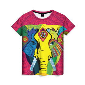 Женская футболка 3D с принтом Мама Индия. Ганеша в Белгороде, 100% полиэфир ( синтетическое хлопкоподобное полотно) | прямой крой, круглый вырез горловины, длина до линии бедер | Тематика изображения на принте: ганеша | индия | кислота | психоделика | слон | ярко