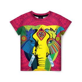Детская футболка 3D с принтом Мама Индия. Ганеша в Белгороде, 100% гипоаллергенный полиэфир | прямой крой, круглый вырез горловины, длина до линии бедер, чуть спущенное плечо, ткань немного тянется | ганеша | индия | кислота | психоделика | слон | ярко