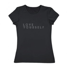 Женская футболка хлопок с принтом LOVR YOUSELF в Белгороде, 100% хлопок | прямой крой, круглый вырез горловины, длина до линии бедер, слегка спущенное плечо | Тематика изображения на принте: bangtan boys | bts | бантаны | бтс