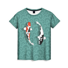 Женская футболка 3D с принтом Японские рыбки в Белгороде, 100% полиэфир ( синтетическое хлопкоподобное полотно) | прямой крой, круглый вырез горловины, длина до линии бедер | карпы | кои | рыбы | япония