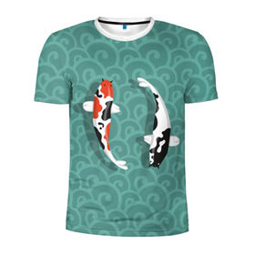 Мужская футболка 3D спортивная с принтом Японские рыбки в Белгороде, 100% полиэстер с улучшенными характеристиками | приталенный силуэт, круглая горловина, широкие плечи, сужается к линии бедра | Тематика изображения на принте: карпы | кои | рыбы | япония