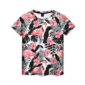 Женская футболка 3D с принтом Pattern Flamingo в Белгороде, 100% полиэфир ( синтетическое хлопкоподобное полотно) | прямой крой, круглый вырез горловины, длина до линии бедер | 