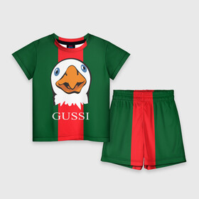 Детский костюм с шортами 3D с принтом GUSSI в Белгороде,  |  | Тематика изображения на принте: gucci | gussi ga ga ga | gussi gang | бренд | гусь | птица
