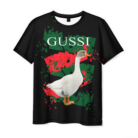 Мужская футболка 3D с принтом Gussi в Белгороде, 100% полиэфир | прямой крой, круглый вырез горловины, длина до линии бедер | gucci | gussi ga ga ga | gussi gang | бренд | гусь | птица