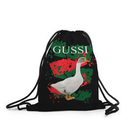 Рюкзак-мешок 3D с принтом Gussi в Белгороде, 100% полиэстер | плотность ткани — 200 г/м2, размер — 35 х 45 см; лямки — толстые шнурки, застежка на шнуровке, без карманов и подкладки | Тематика изображения на принте: gucci | gussi ga ga ga | gussi gang | бренд | гусь | птица