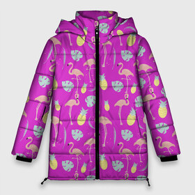 Женская зимняя куртка 3D с принтом Тропическое наслаждения в Белгороде, верх — 100% полиэстер; подкладка — 100% полиэстер; утеплитель — 100% полиэстер | длина ниже бедра, силуэт Оверсайз. Есть воротник-стойка, отстегивающийся капюшон и ветрозащитная планка. 

Боковые карманы с листочкой на кнопках и внутренний карман на молнии | африка | крылья | мода | прикольные | природа | птица | розовый | фламинго | цвет | яркие