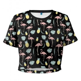 Женская футболка 3D укороченная с принтом Розовый фламинго в Белгороде, 100% полиэстер | круглая горловина, длина футболки до линии талии, рукава с отворотами | африка | крылья | мода | прикольные | природа | птица | розовый | фламинго | цвет | яркие