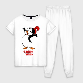 Женская пижама хлопок с принтом Chilly Willy в Белгороде, 100% хлопок | брюки и футболка прямого кроя, без карманов, на брюках мягкая резинка на поясе и по низу штанин | 