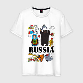 Мужская футболка хлопок с принтом Россия в Белгороде, 100% хлопок | прямой крой, круглый вырез горловины, длина до линии бедер, слегка спущенное плечо. | Тематика изображения на принте: балалайка | матрёшка | медведь | россия | стереотипы