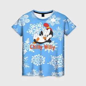 Женская футболка 3D с принтом Chilly Willy в Белгороде, 100% полиэфир ( синтетическое хлопкоподобное полотно) | прямой крой, круглый вырез горловины, длина до линии бедер | chilly | chilly willy | арт | животные | милые | мультфильмы | пингвины | снежинки | текстура | чилли вилли