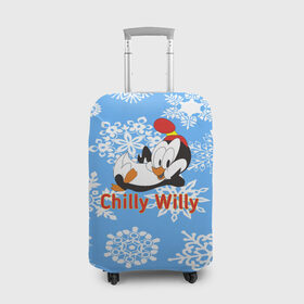 Чехол для чемодана 3D с принтом Chilly Willy в Белгороде, 86% полиэфир, 14% спандекс | двустороннее нанесение принта, прорези для ручек и колес | chilly | chilly willy | арт | животные | милые | мультфильмы | пингвины | снежинки | текстура | чилли вилли