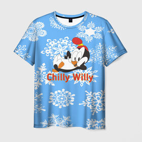 Мужская футболка 3D с принтом Chilly Willy в Белгороде, 100% полиэфир | прямой крой, круглый вырез горловины, длина до линии бедер | chilly | chilly willy | арт | животные | милые | мультфильмы | пингвины | снежинки | текстура | чилли вилли