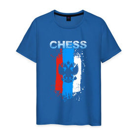 Мужская футболка хлопок с принтом Chess в Белгороде, 100% хлопок | прямой крой, круглый вырез горловины, длина до линии бедер, слегка спущенное плечо. | check | chess | game | sport | strategy | доска | игра | линии | мат | надпись | пат | полосы | сборная | символ | состязание | спорт | спортсмен | стратегия | флаг | шах | шахматист | шахматы