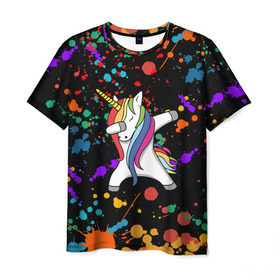 Мужская футболка 3D с принтом ЕДИНОРОГ РАДУГА (ЧЕРНЫЙ) в Белгороде, 100% полиэфир | прямой крой, круглый вырез горловины, длина до линии бедер | color | dab | pony | rainbow | unicornis dab | брызги | даб | единорог | единорог радуга | животные | краски | красочные | ляпистые | пони | радуга | цвета радуги