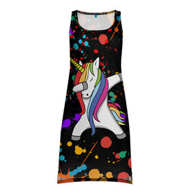 Платье-майка 3D с принтом ЕДИНОРОГ РАДУГА RAINBOW UNICORN в Белгороде, 100% полиэстер | полуприлегающий силуэт, широкие бретели, круглый вырез горловины, удлиненный подол сзади. | color | dab | pony | rainbow | unicornis dab | брызги | даб | единорог | единорог радуга | животные | краски | красочные | ляпистые | пони | радуга | цвета радуги