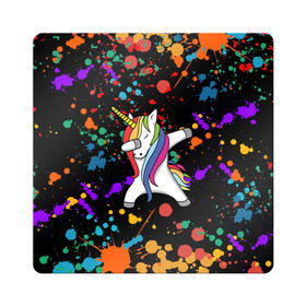 Магнит виниловый Квадрат с принтом ЕДИНОРОГ РАДУГА (ЧЕРНЫЙ) в Белгороде, полимерный материал с магнитным слоем | размер 9*9 см, закругленные углы | Тематика изображения на принте: color | dab | pony | rainbow | unicornis dab | брызги | даб | единорог | единорог радуга | животные | краски | красочные | ляпистые | пони | радуга | цвета радуги