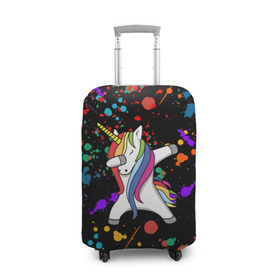 Чехол для чемодана 3D с принтом ЕДИНОРОГ РАДУГА (ЧЕРНЫЙ) в Белгороде, 86% полиэфир, 14% спандекс | двустороннее нанесение принта, прорези для ручек и колес | color | dab | pony | rainbow | unicornis dab | брызги | даб | единорог | единорог радуга | животные | краски | красочные | ляпистые | пони | радуга | цвета радуги