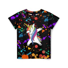 Детская футболка 3D с принтом ЕДИНОРОГ РАДУГА (ЧЕРНЫЙ) в Белгороде, 100% гипоаллергенный полиэфир | прямой крой, круглый вырез горловины, длина до линии бедер, чуть спущенное плечо, ткань немного тянется | color | dab | pony | rainbow | unicornis dab | брызги | даб | единорог | единорог радуга | животные | краски | красочные | ляпистые | пони | радуга | цвета радуги