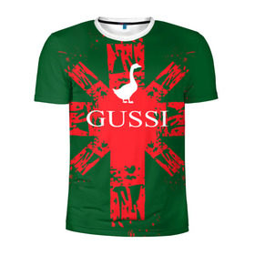 Мужская футболка 3D спортивная с принтом GUSSI Union Jack в Белгороде, 100% полиэстер с улучшенными характеристиками | приталенный силуэт, круглая горловина, широкие плечи, сужается к линии бедра | gucci | gussi ga ga ga | gussi gang | бренд | британия | великобритания | птица | юнион джек