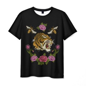 Мужская футболка 3D с принтом GG Tiger в Белгороде, 100% полиэфир | прямой крой, круглый вырез горловины, длина до линии бедер | bee | brand | flower | flowers | gg | ggang | gucci | guccigang | tiger | вышивка | гг | гуччи | пчела | пчелы | тигр | цветок | цветы
